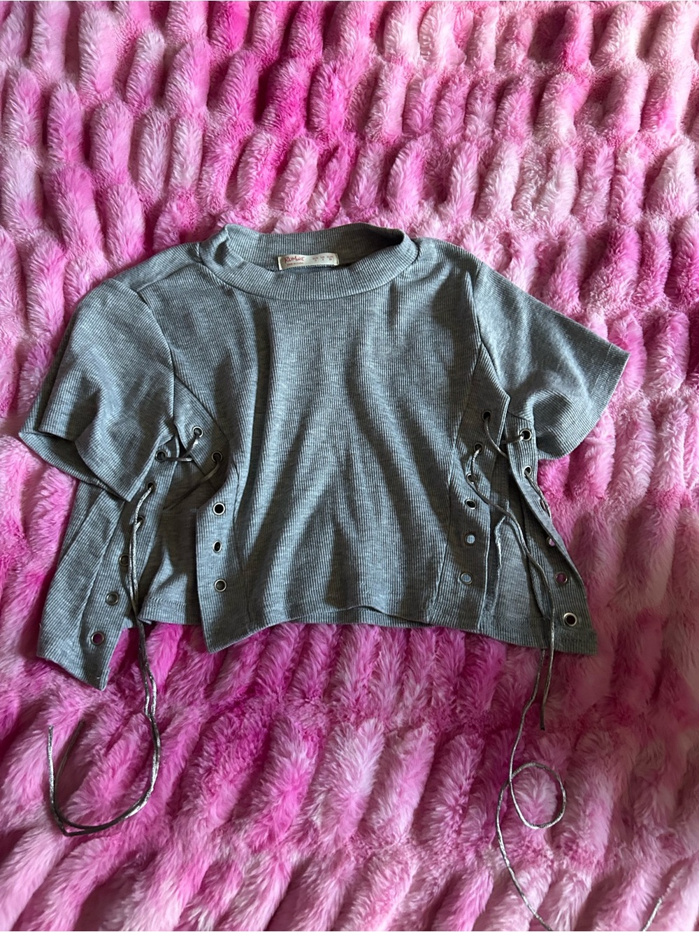 ROMWE Gray Ribbed Lace-Up Side Crop Top